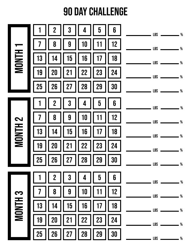 the 90 day challenge is shown in black and white, with numbers on each side