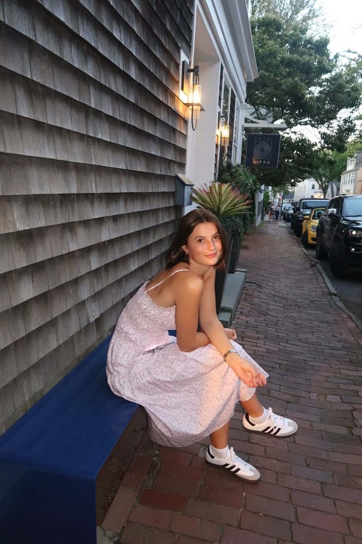 Sambas, outfit inspo, nantucket, nantucket outfit, summer inspo, midi dress, aesthetic, samba outfit, white sambas Spring Samba Outfit, Midi Dress Aesthetic, Nantucket Outfit Summer, White Samba Adidas Outfit, Style Adidas Samba, Nantucket Outfit, Adidas Samba Outfit Women, Sambas Adidas Women Outfit, Sambas Outfit