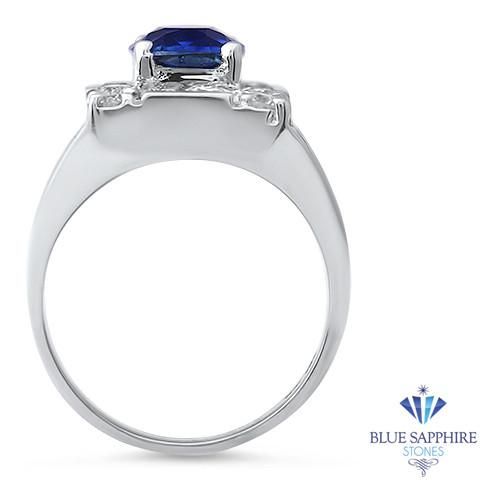 Perfect sturdy, sapphire ring Great as an engagement ring or anniversary present! This is a classic blue sapphire and diamond ring. Well cut and proportioned, flashy and clean. This design never really goes out of style. This design features a 2.82 carat vivid medium blue, cushion shaped blue sapphire set in 14K white gold and showcases 1.25 ctw of sparkling round diamonds which surround the center stone. This unique piece can demonstrate one's love and loyalty to another. All rings are in a sta Classic Formal Sapphire Ring With Trillion Cut, Modern Sapphire Rings Gia Certified, Formal Asscher Cut Sapphire Ring With Center Stone, Modern Blue Sapphire Ring For Formal Occasions, Gia Certified Sapphire Ring, Asscher Cut Sapphire Ring For Formal Occasions, Modern Blue Sapphire Ring, Gia Certified Sapphire Ring For Promise, Trillion Cut Sapphire Ring With Diamond For Formal Occasions