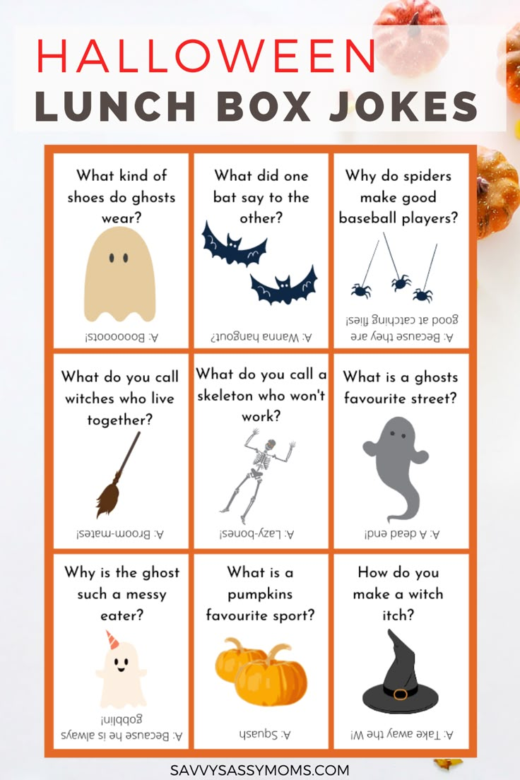 halloween lunch box jokes with pumpkins, ghost and other things to eat on the table