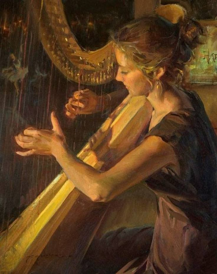 a painting of a woman playing a harp