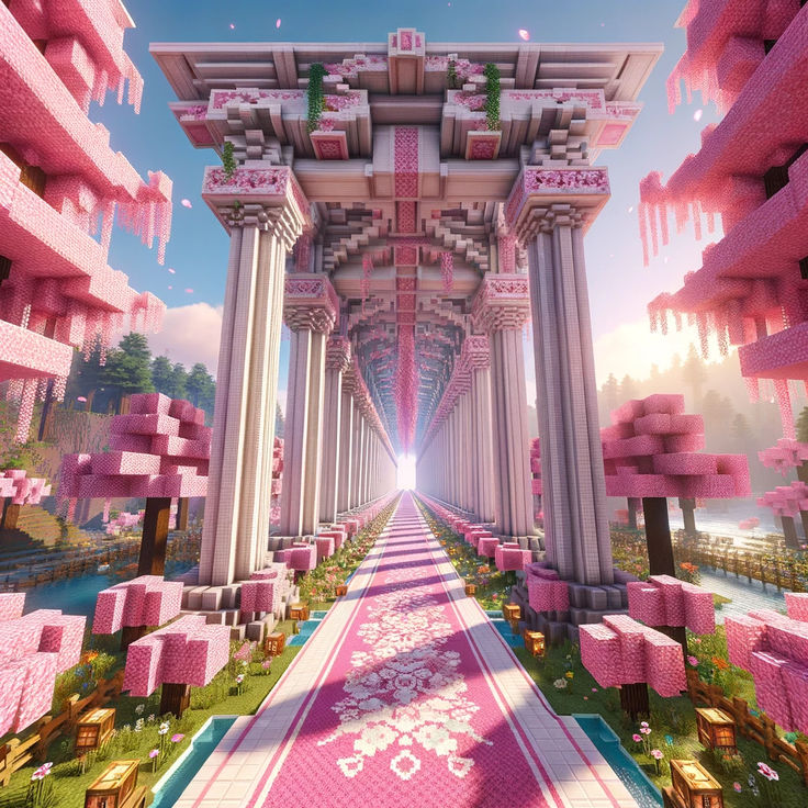 an image of a futuristic city that looks like it has pink walls and columns on each side