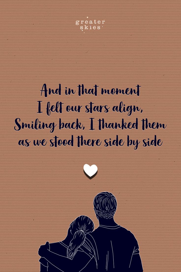 a couple sitting on top of each other in front of a brown background with the words, and in that moment i felt our stars align, smiling back