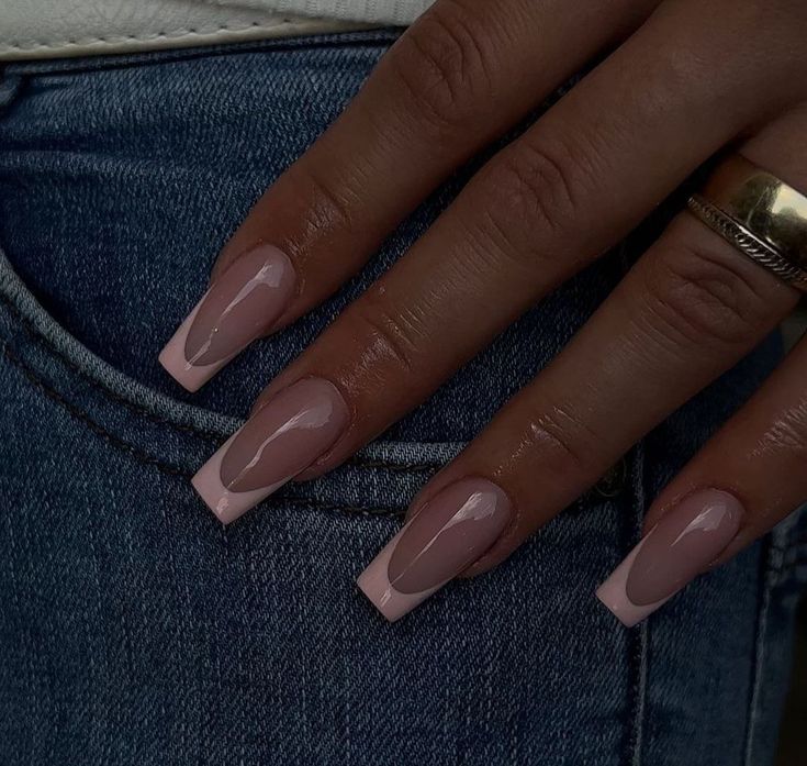 Light Pink French Tip Nails Ballerina, Small Coffin French Tip Nails, Acrylic Nails Plain Color Simple, Simple Gel Nails Coffin, Coffin Nails Pink French Tip, One Line French Nails, Pink Coffin French Tip, Think French Tip Nails, Nail Ideas Medium Length French Tip