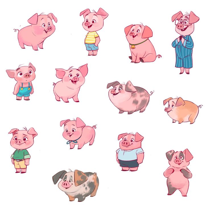 pigs are standing and sitting in different positions