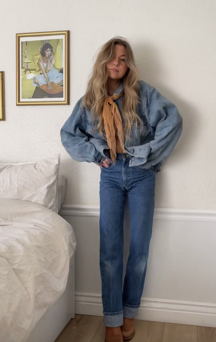 Denver Aesthetic Outfits, Western Snow Outfit, Double Denim Cowgirl Outfit, Stable Hand Outfit, Woman Western Wear, Jeans And Top Photoshoot, Sorority Winter Outfits, Old Money Camping Outfits, Vintage Western Button Up Shirt Outfits