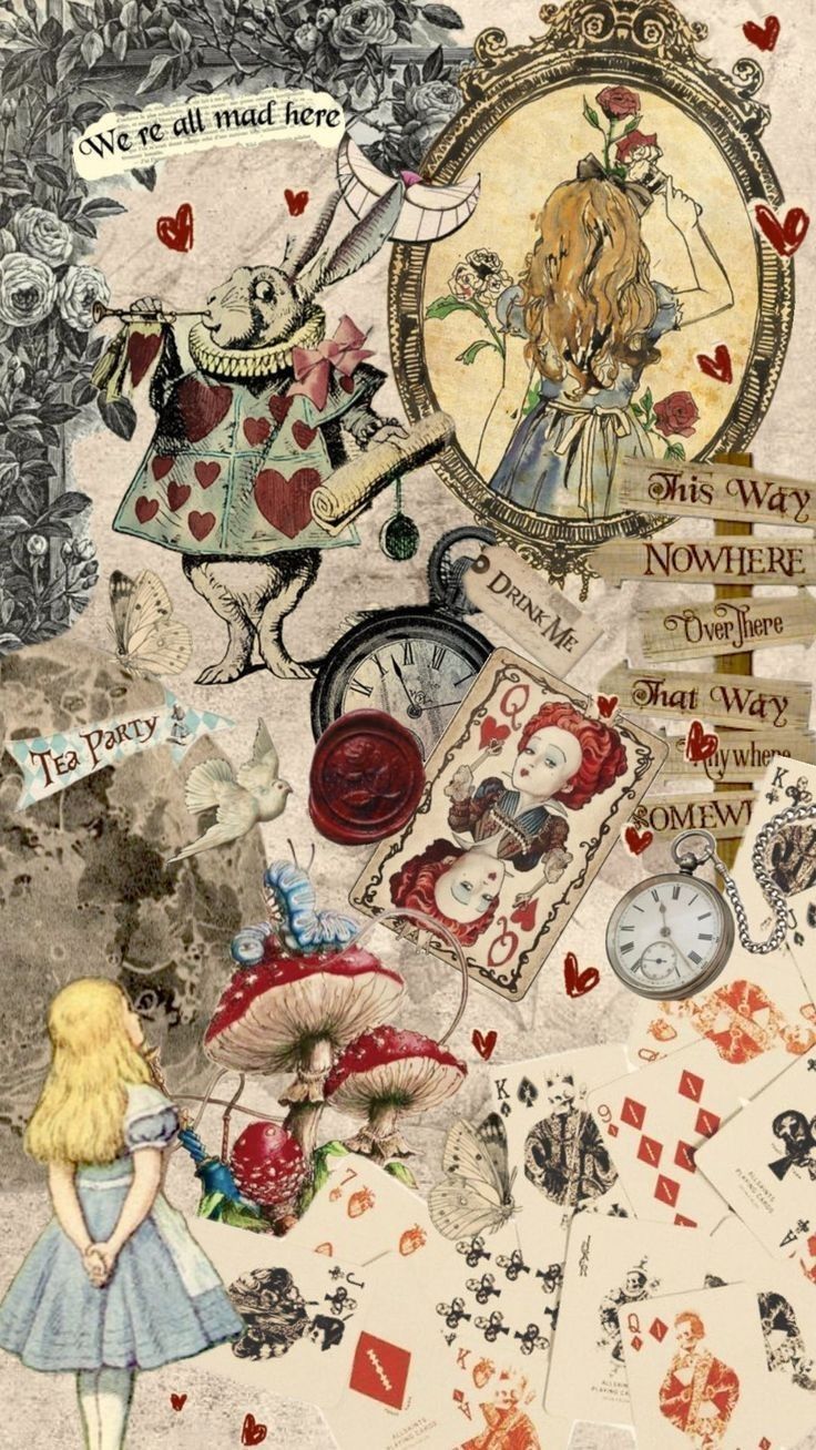 an altered collage of alice and the wonderland tea party items, including playing cards