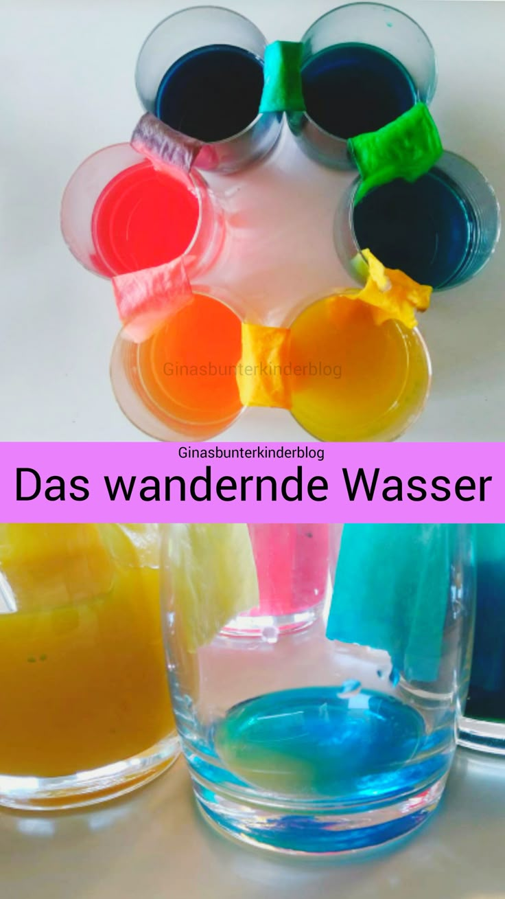 three different colored liquids in glasses with the words da's wandende wasser