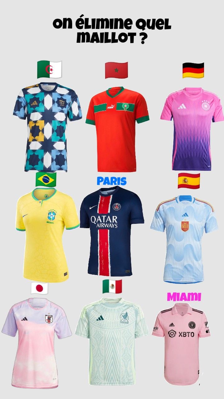 several different soccer jerseys with the names of each team and numbers on them, all in different colors