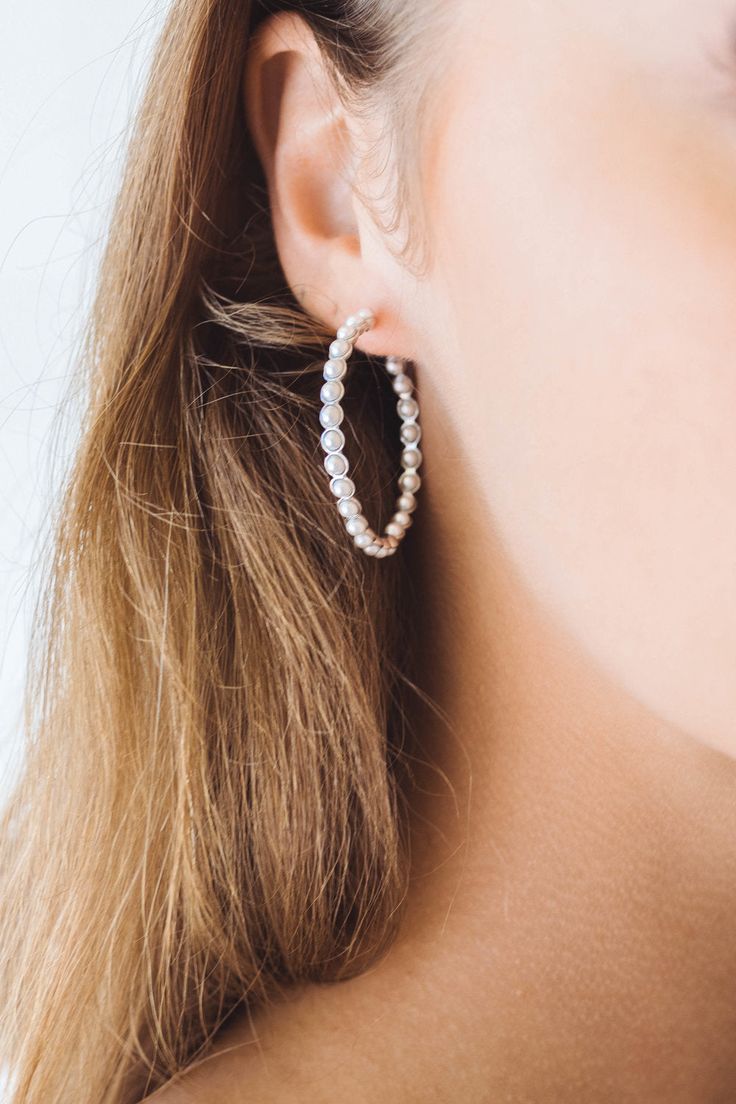 A classic hoop earring with small pearls all around. Classic Pearl Chain Hoop Earrings Gift, Untamed Petals, Bridal Attire, Orange Boxes, Wedding Chairs, Bride Style, Dress Measurements, Wedding Things, Rose Gold Plates