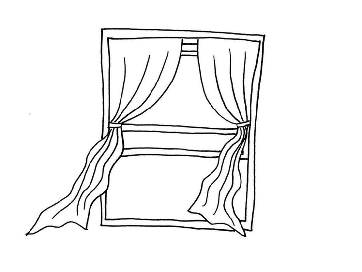 a drawing of a window with curtains drawn on the outside and in the top right corner