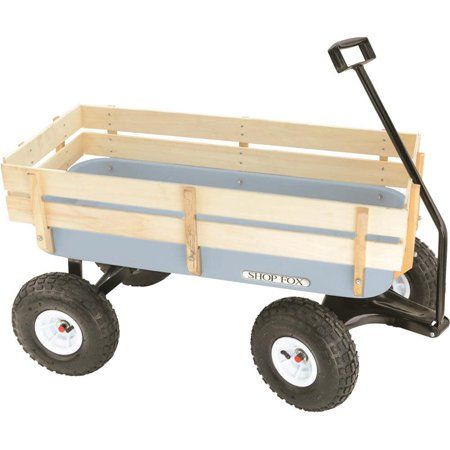 a wooden wagon with two wheels and a handle on the front, is shown against a white background