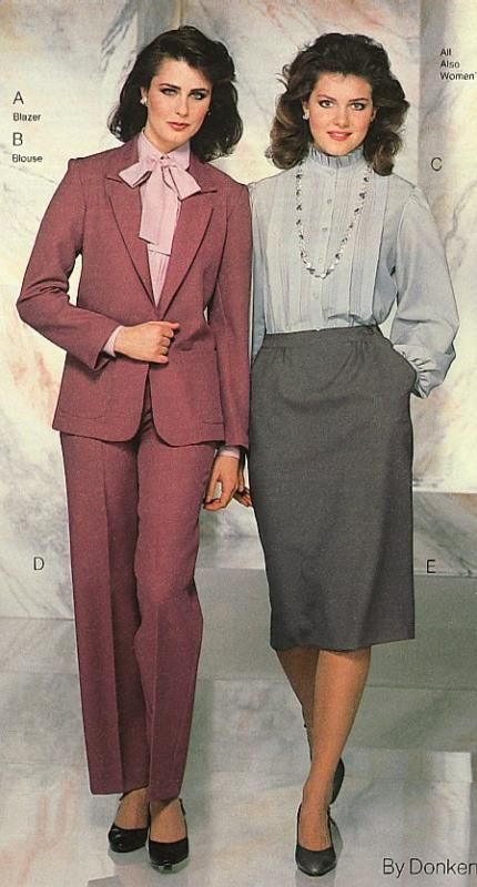 I had blouse and skirt outfits just like the gray outfit on the right 1980s Outfits, 80s Womens Fashion, 1980s Fashion Women, 1980 Fashion, Fashion 1980s, 80s Fashion Trends, 1980s Women, 90s Fashion Women, Bad Fashion