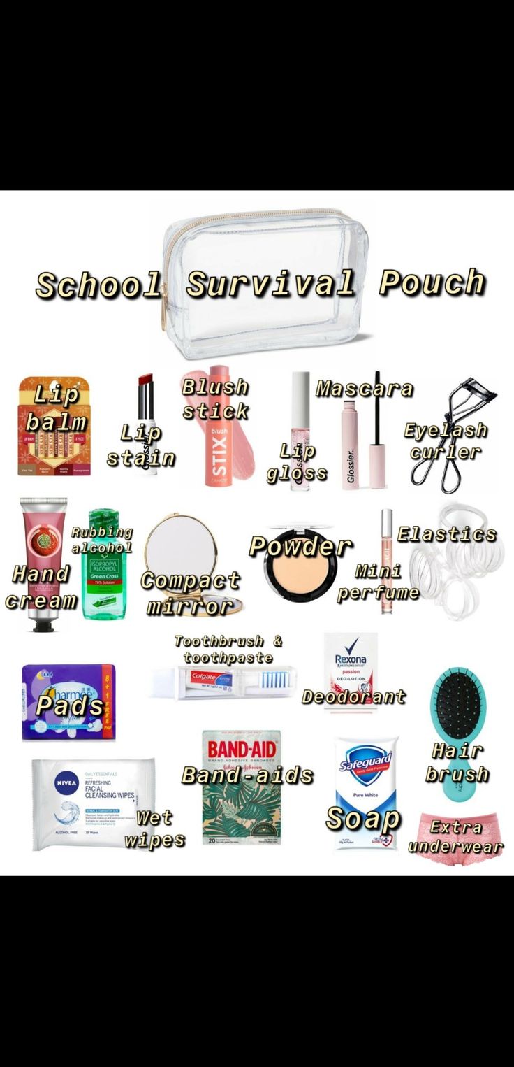 Hygiene School Survival Kit, Hygiene Kit For School Aesthetic, School Hygiene Bag Aesthetic, Stuff To Put In Your School Bag, School Hygiene Essentials, Essential Kit For School, Things To Put In A Emergency Kit For School, Things For Your Backpack, Stuff To Pack For School