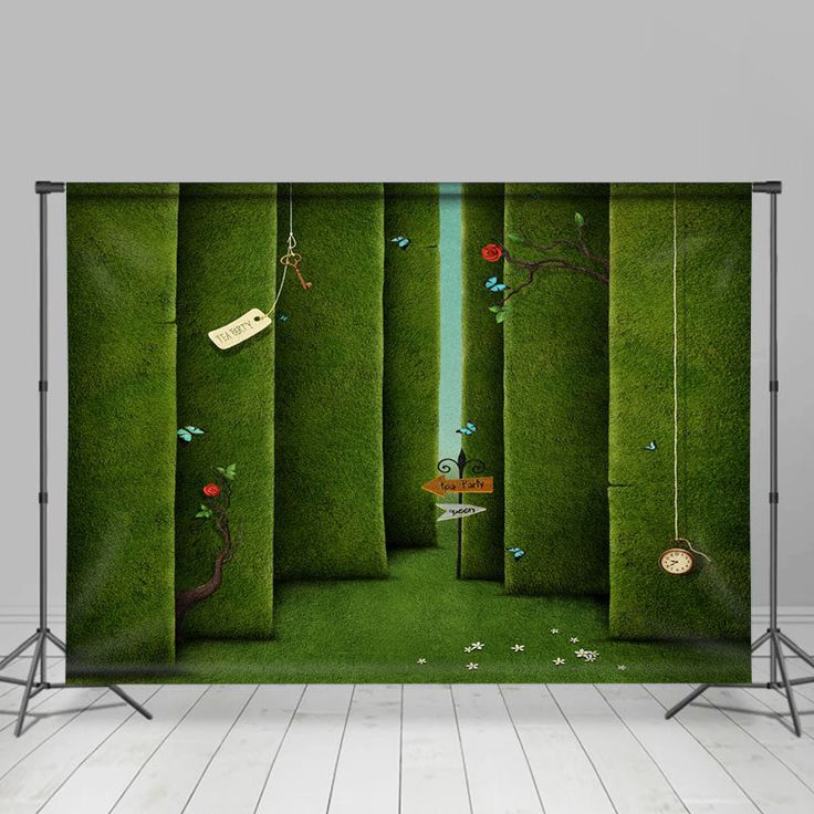 an image of a green room that is in the shape of a forest with trees and flowers