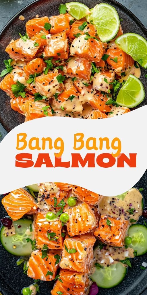 a black plate topped with salmon and cucumber next to a white sign that says bang bang salmon