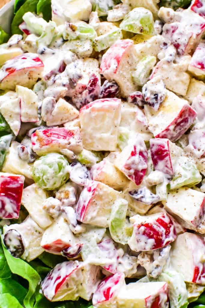 a salad with apples, cranberry sauce and dressing in a bowl on top of lettuce