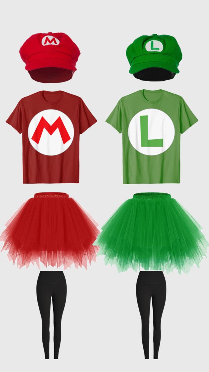 three different types of mario and luigi's tutu skirts, t - shirts and hats