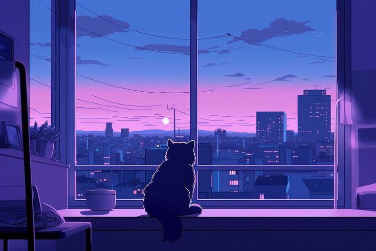 a cat sitting on a window sill looking out at the cityscape outside