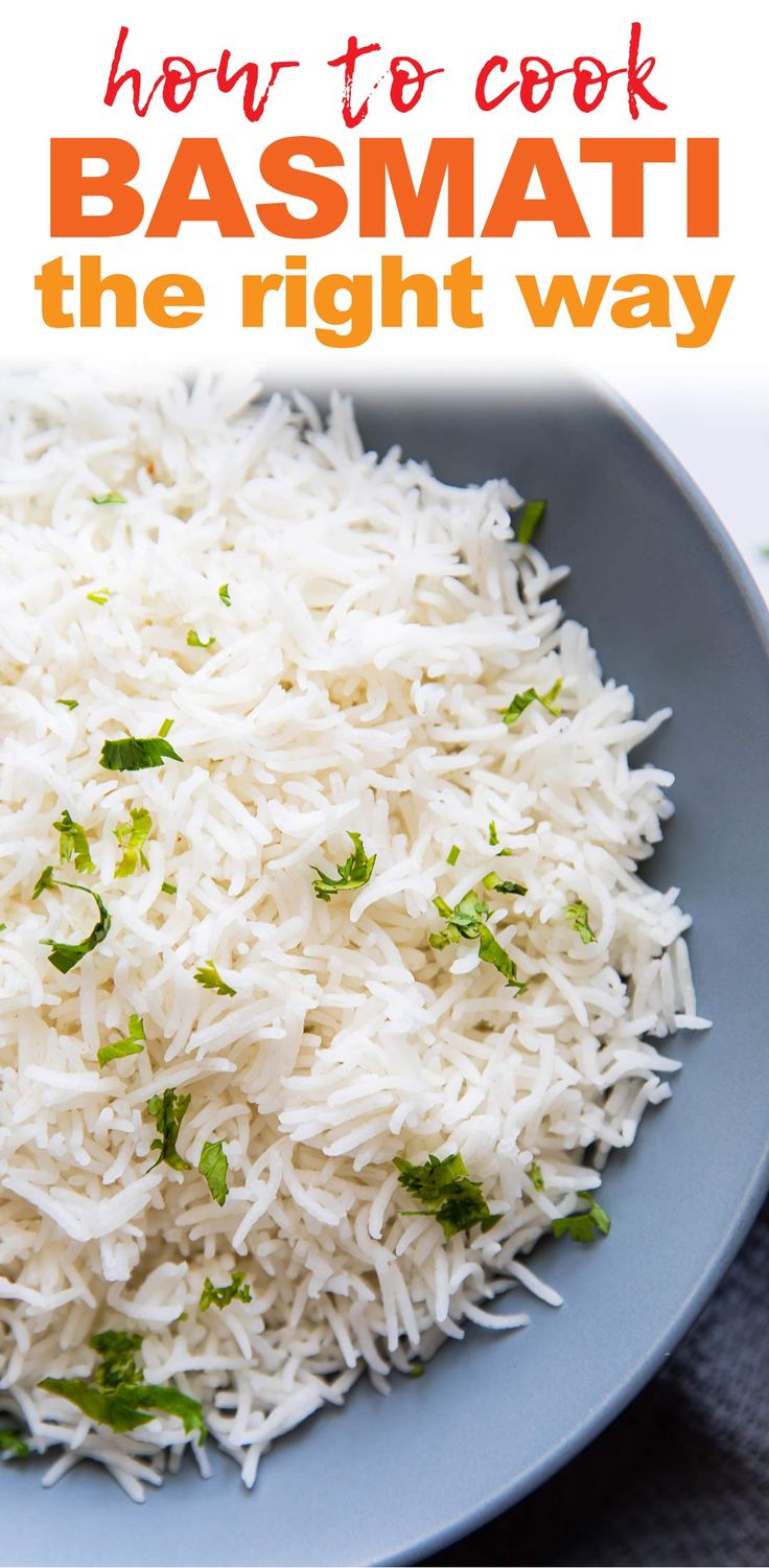 how to cook basmati the right way on a blue plate with text overlay