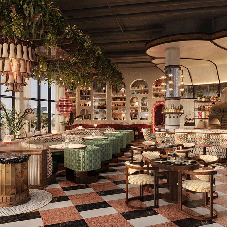 a restaurant with checkered flooring and plants hanging from the ceiling, along with tables and chairs