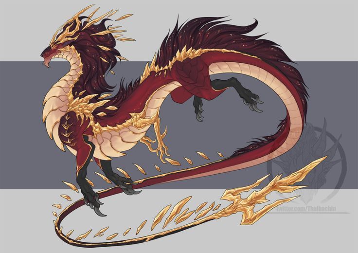 a drawing of a red and gold dragon with flames around it's tail, standing on its hind legs