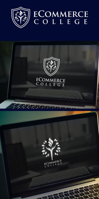 two laptops sitting side by side with logos on them