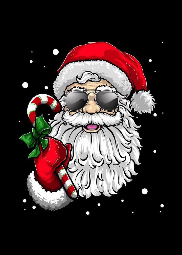 a cartoon santa claus with sunglasses and a candy cane in his hand on a black background