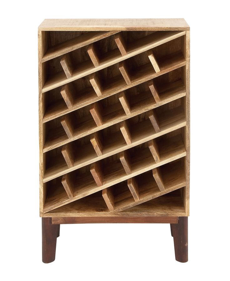 a wooden wine rack with multiple compartments on it's sides and one shelf holding several bottles