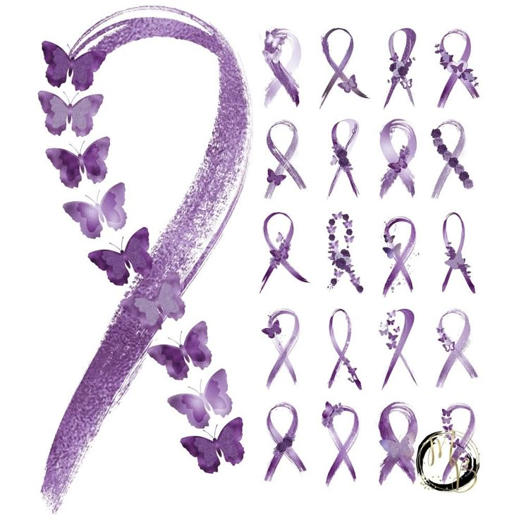 purple ribbons and butterflies on a white background