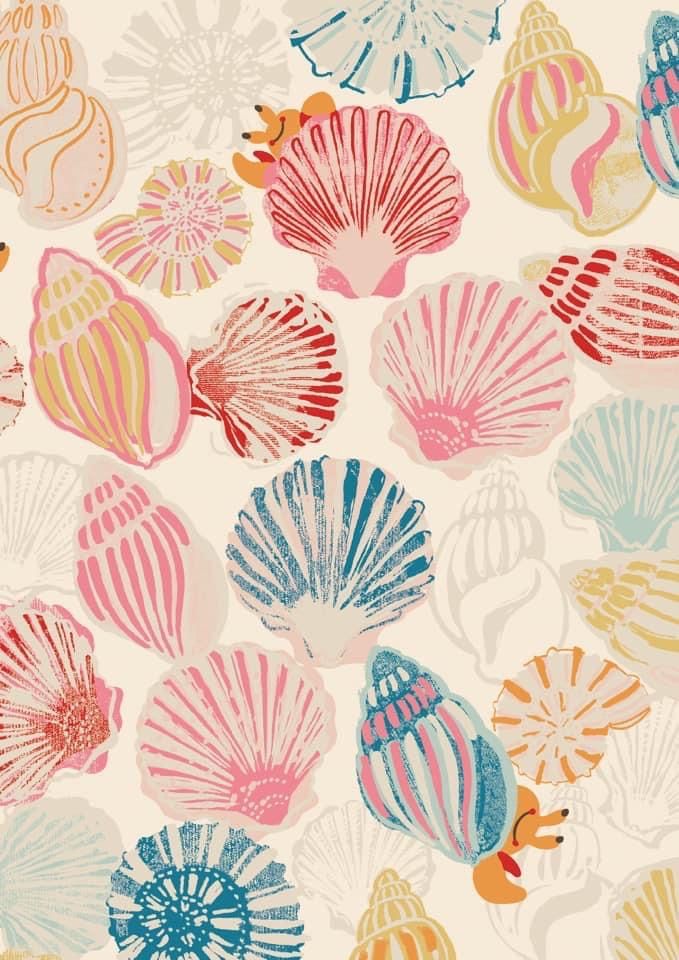 colorful seashells on a white background with pink, blue and yellow colors are featured in this image