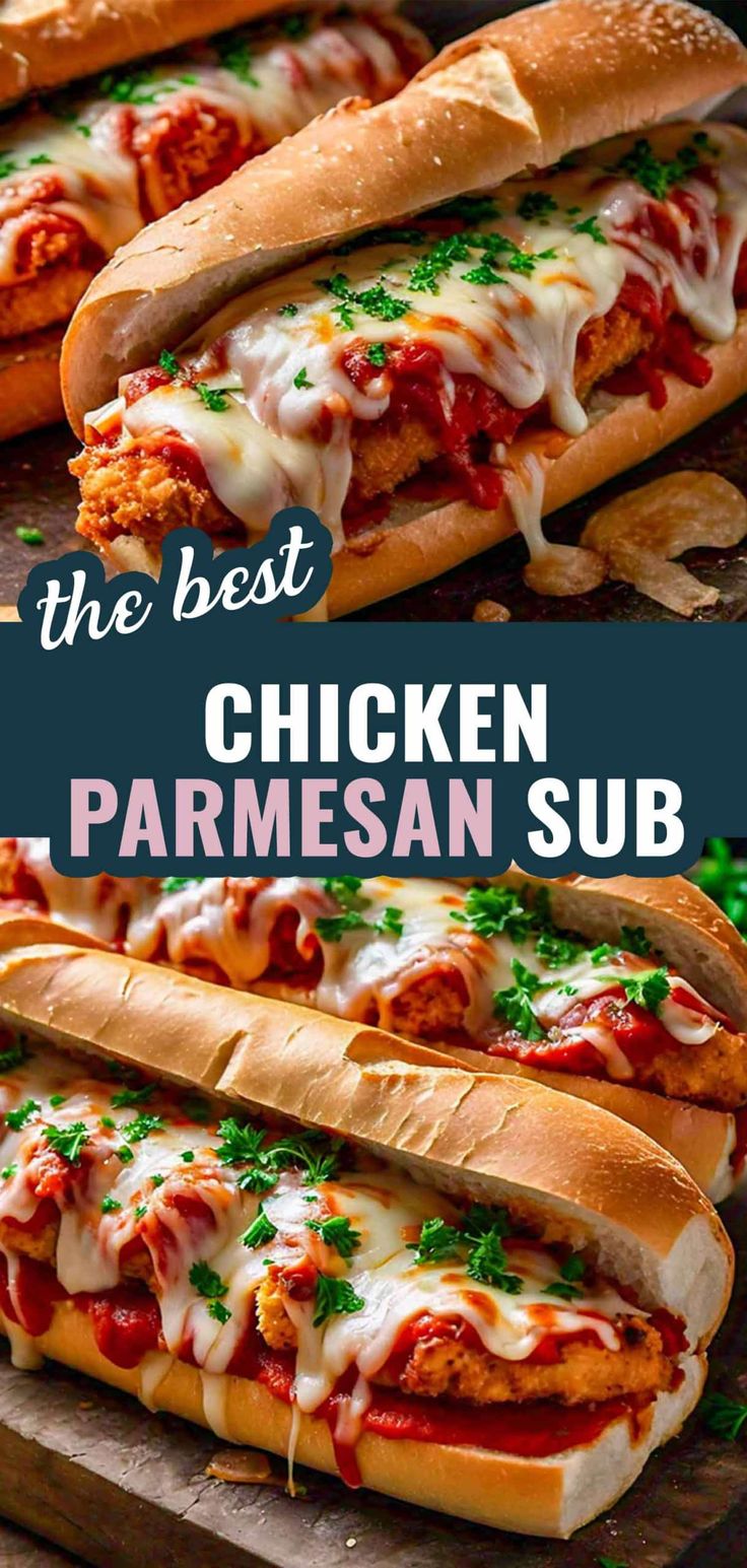 the best chicken parmesan subs on a cutting board with text overlay