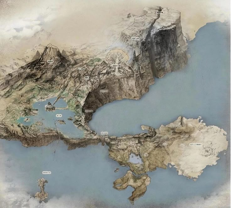 an artistic map of the world with mountains and lakes in it, as well as water