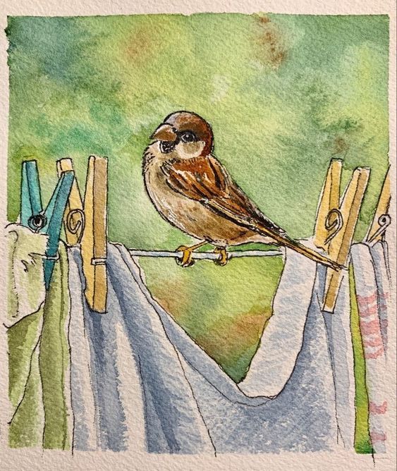 a watercolor painting of a bird on clothesline