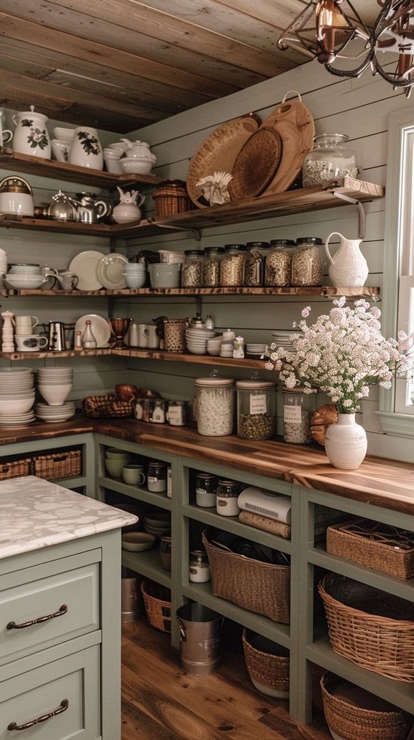 a kitchen filled with lots of open shelves