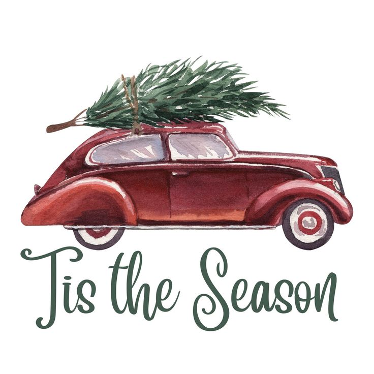 an old red car with a christmas tree on the roof and words tis the season