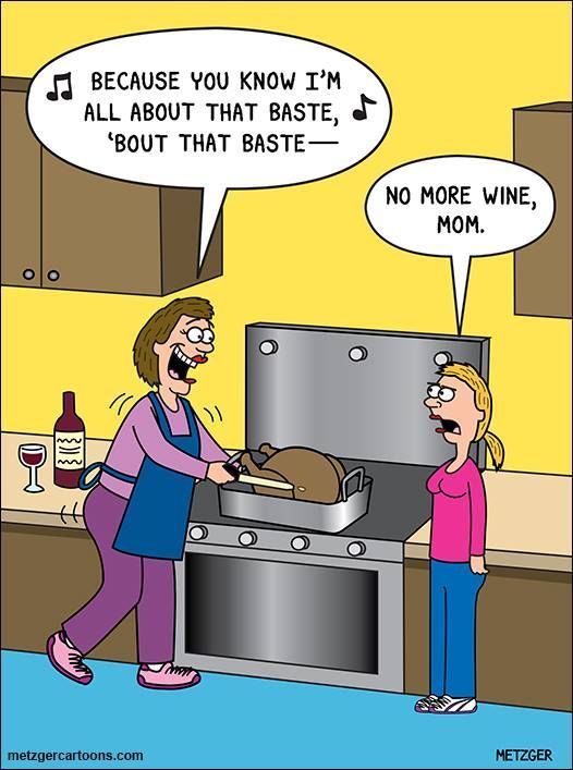 two women are talking to each other in front of an oven with a turkey on it