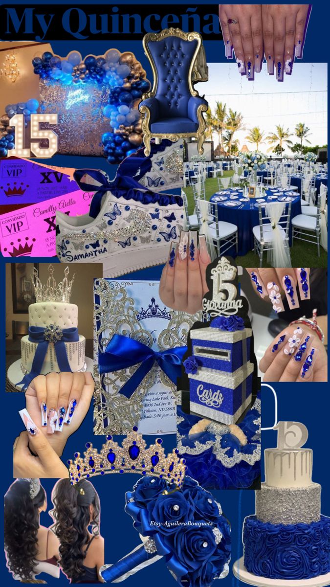 a collage of photos with blue and white designs on the theme of my quinceaue