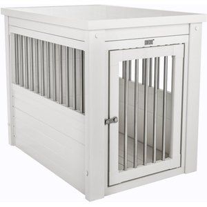 Keep every member of the household safe while keeping your internal interior designer happy with the New Age Pet ecoFLEX Crate & End Table. With an elegant style that blends seamlessly into any decor, this ingenious design eliminates the need for an unsightly metal crate left out in the open and slips right into your normal decor. Doubling as a real end table, it features a secure latching door to keep your precious crate-trained pet safely contained while you’re away. And the eco-friendly wood Dog Crate End Table, Furniture Style Dog Crate, Crate End Tables, Door Furniture, Single Doors, Furniture Styles, Dog Crate, Antique White, New Age