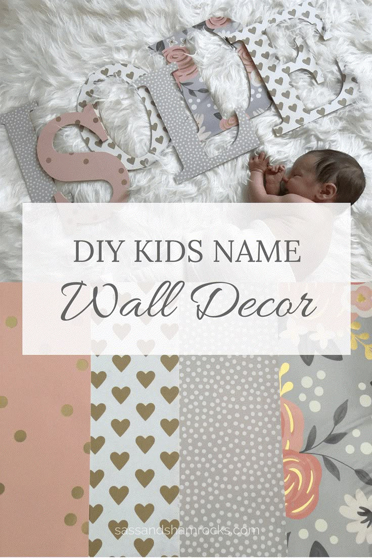 a baby laying on top of a bed next to the words diy kids name wall decor