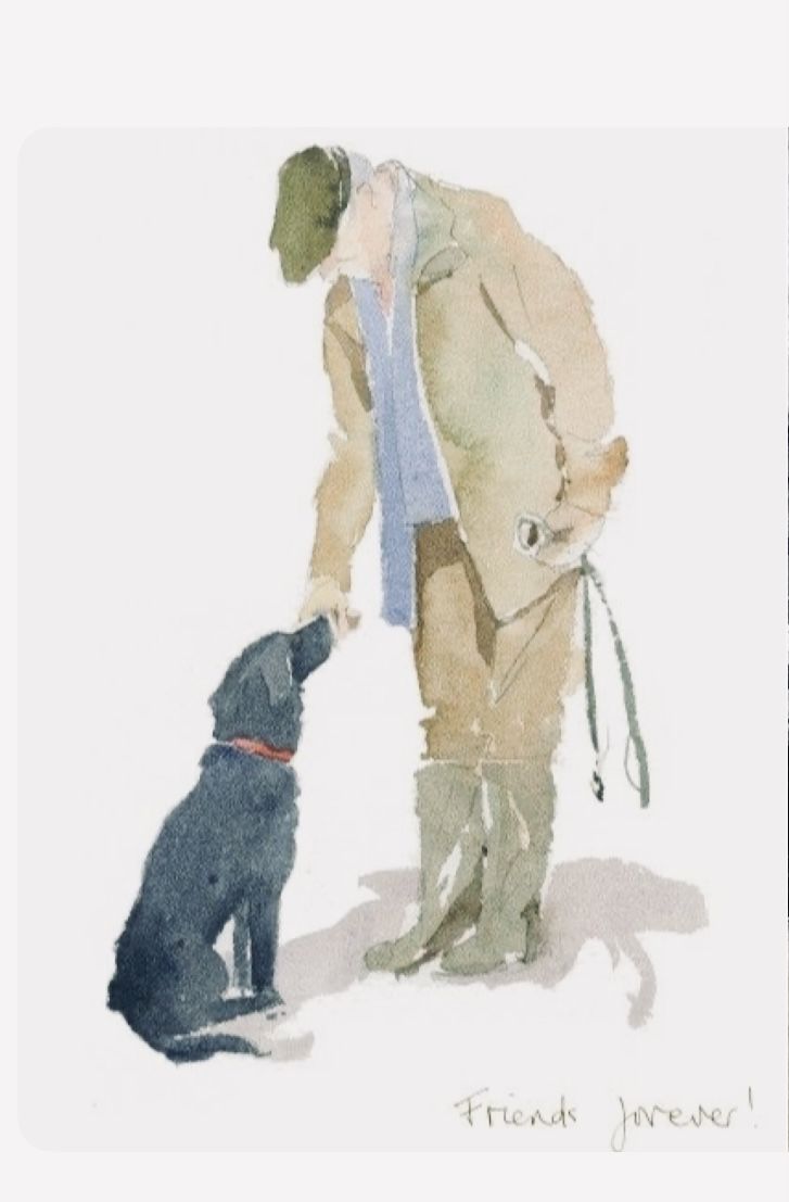 a watercolor painting of a man and his dog with the caption frank jones