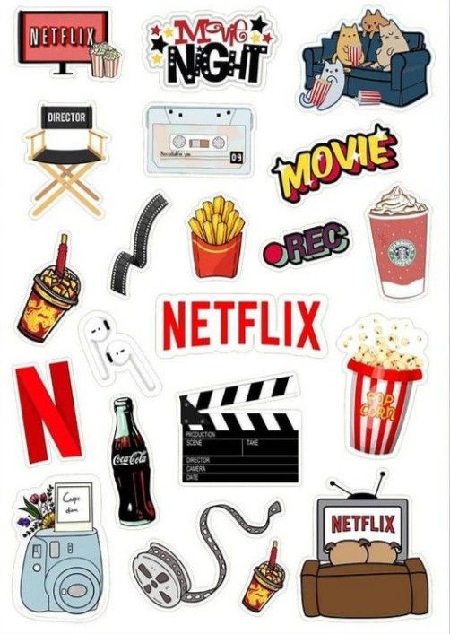 a bunch of stickers that are on top of a white sheet with the words netflix and movies