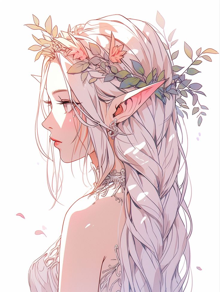 a girl with long hair and flowers in her hair, wearing a wreath on her head