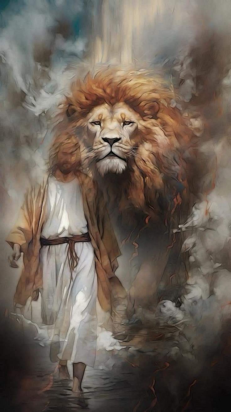 a painting of a lion walking through the clouds