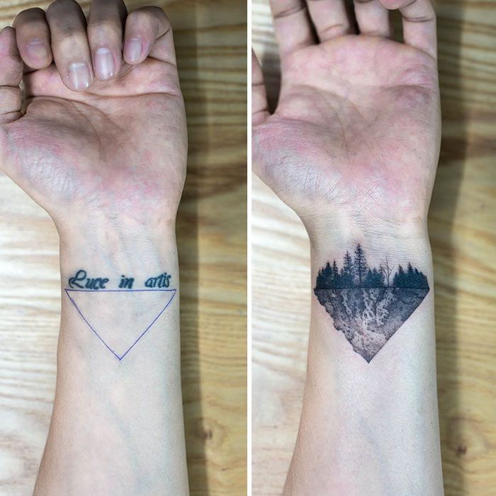 two pictures of the same wrist with trees and mountains tattooed on each side of them