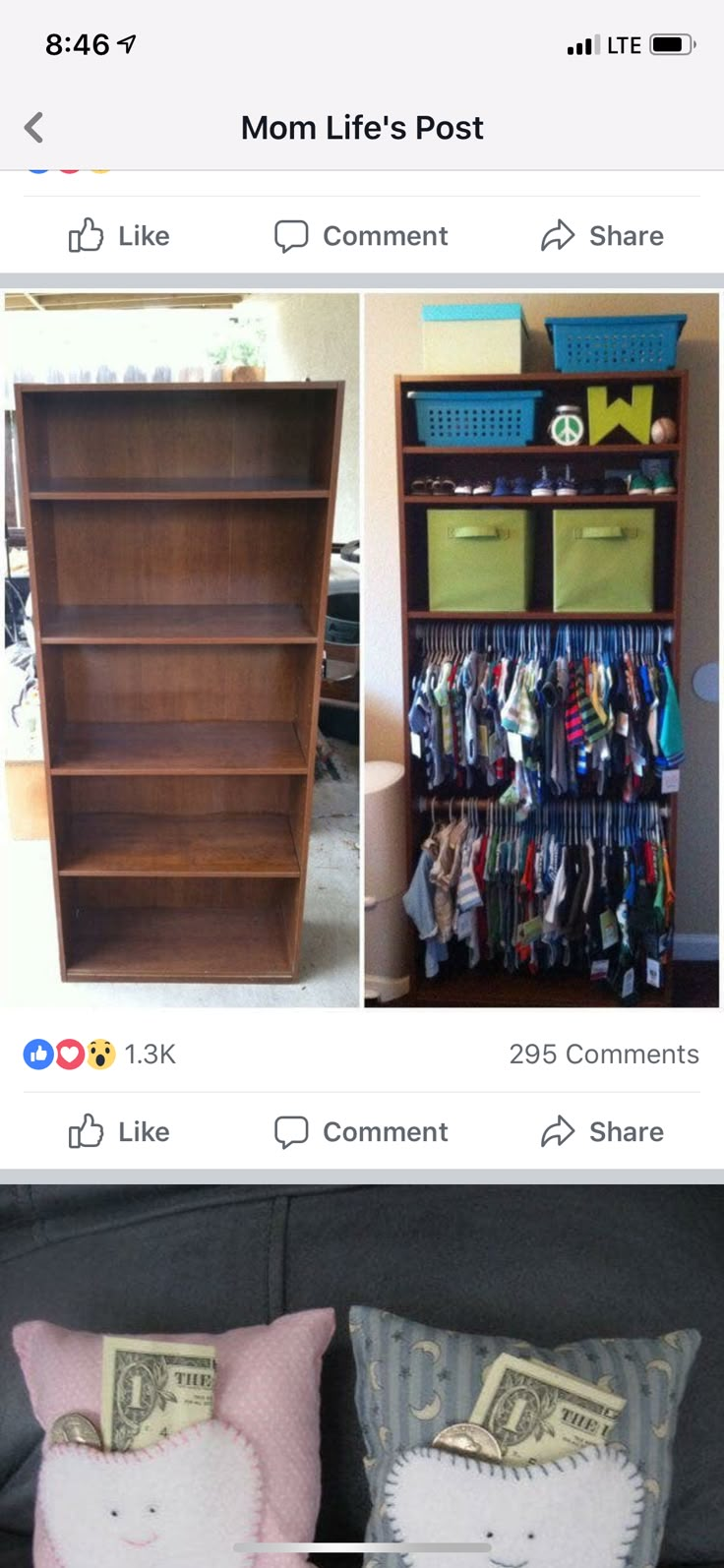 an image of a book shelf with clothes on it and a photo of a stuffed animal