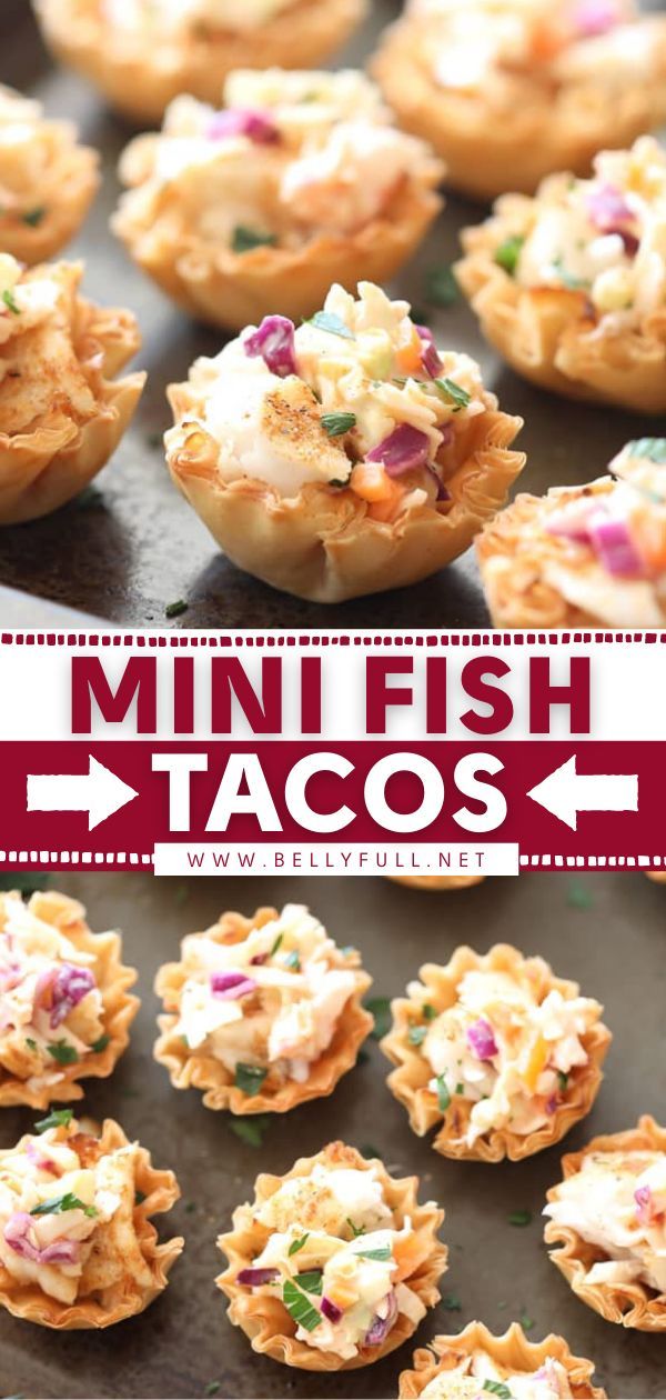 mini fish tacos on a baking sheet with text overlay that reads mini fish tacos