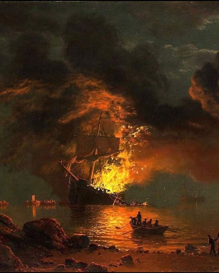 a painting of a ship on fire in the ocean