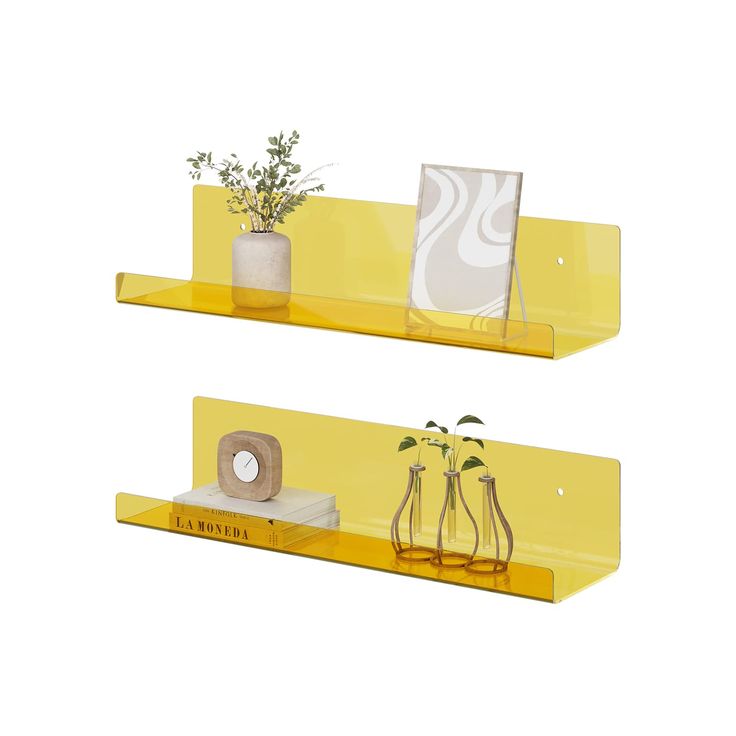 two yellow shelves with plants and pictures on them