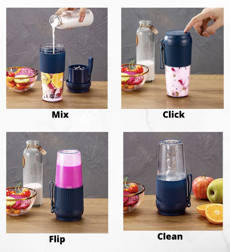 four pictures showing the steps to make a smoothie with fruit and milk in it